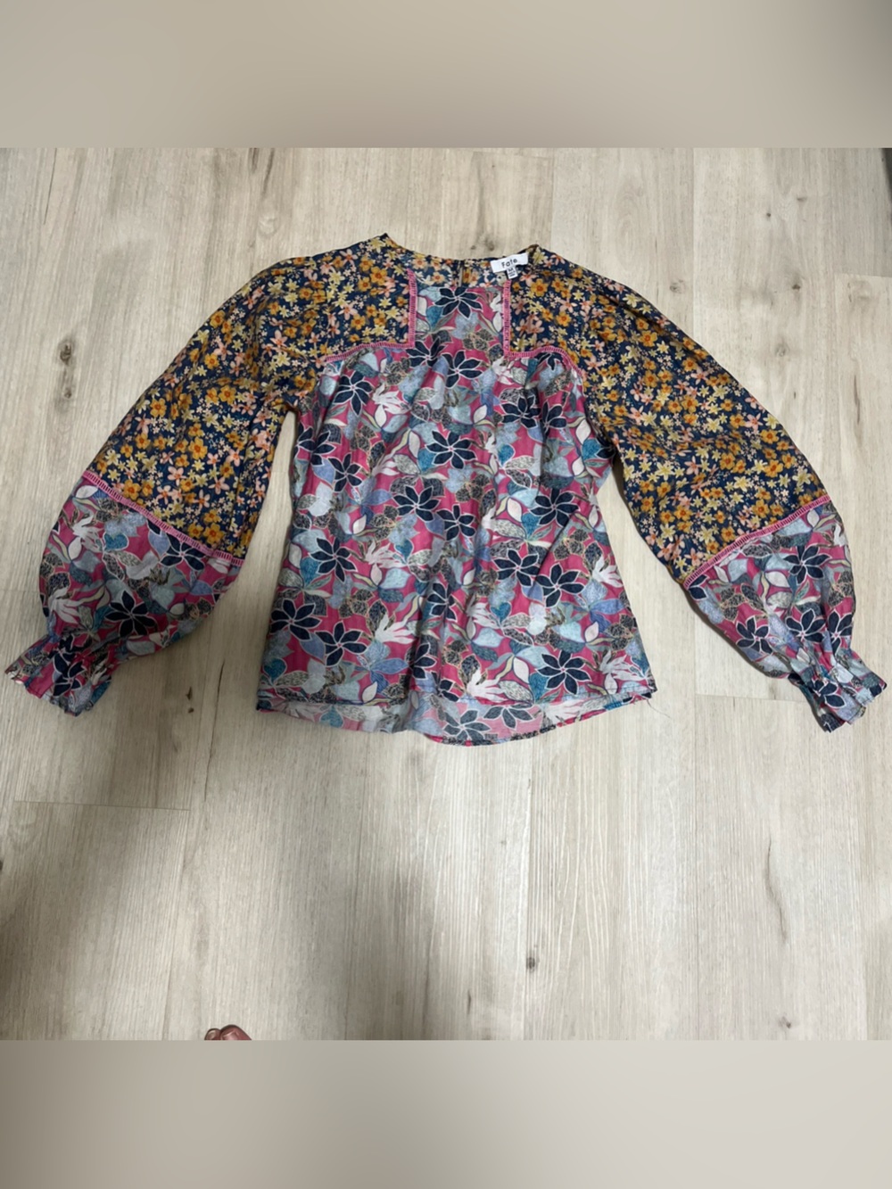 Floral Mixed-Print Long Puff Sleeve Peasant Top Tencel/Cotton blend